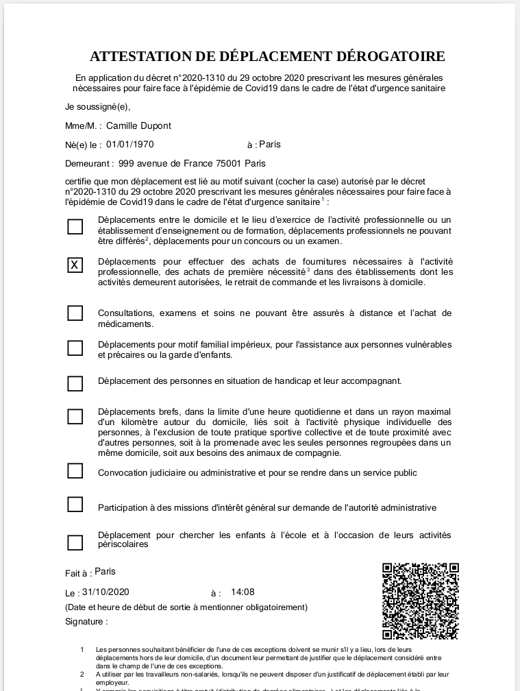 capture d'écran de l'attestation